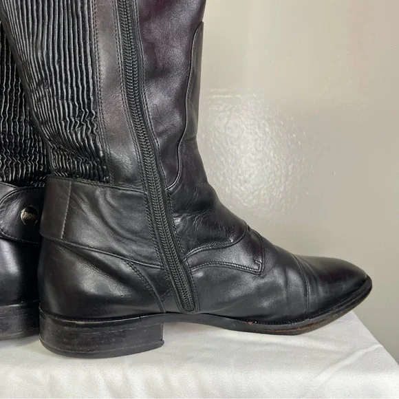 Hugo Boss Dress Knee High Black Leather Stretchy Calf Zip Boots 38 Almond Toe 8 - Picture 15 of 15
